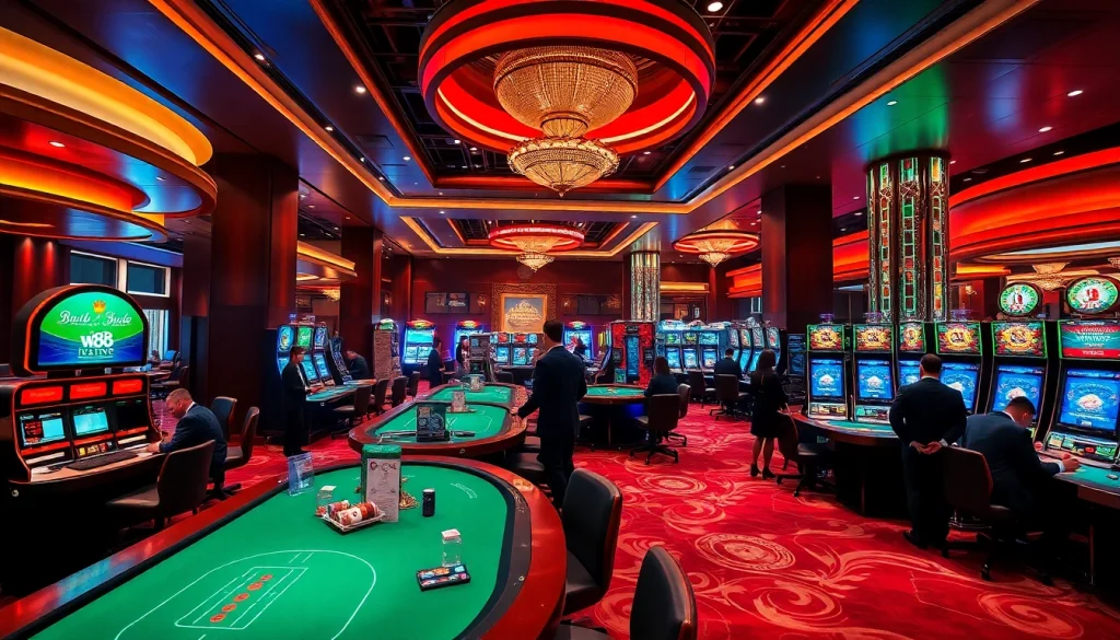 Exciting casino scene highlighting W88.nyc's vibrant gaming environment with baccarat and blackjack tables.