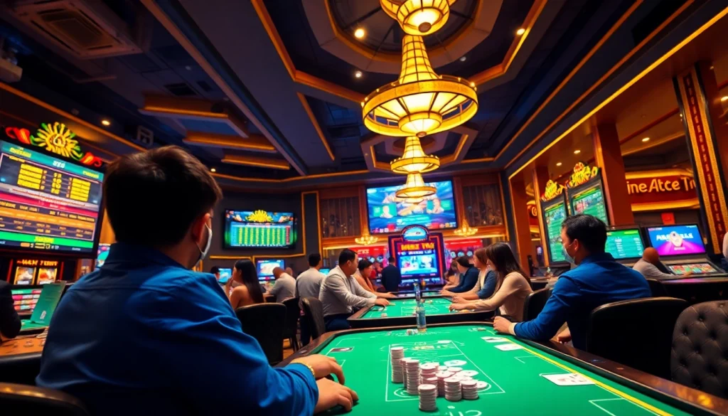 This dynamic image showcases sbobet.dance, capturing the excitement of online gambling with players engaged in sports betting, poker, and casino games.