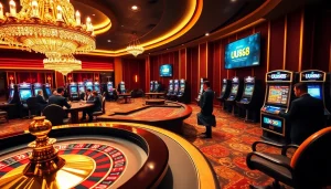 UU88 casino atmosphere with roulette, poker table, and vibrant slot machines.