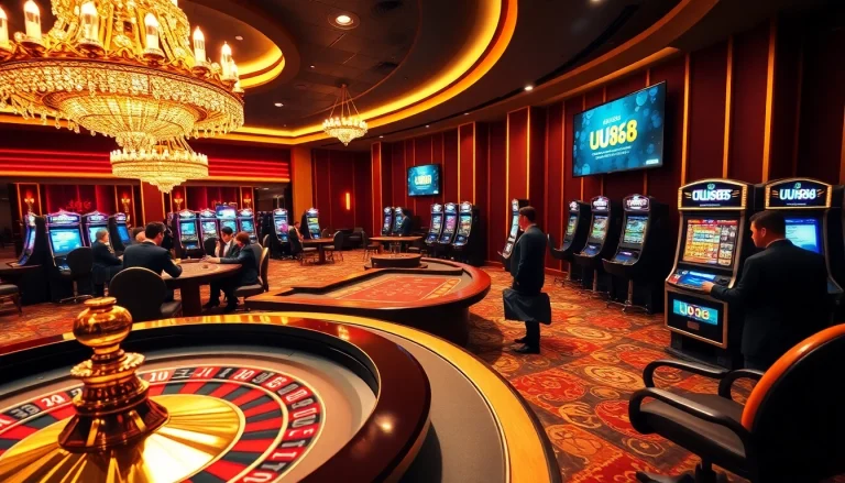 UU88 casino atmosphere with roulette, poker table, and vibrant slot machines.
