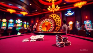 Engage in the exciting world of gambling at kp88.bio with vibrant casino visuals and enthusiastic players.