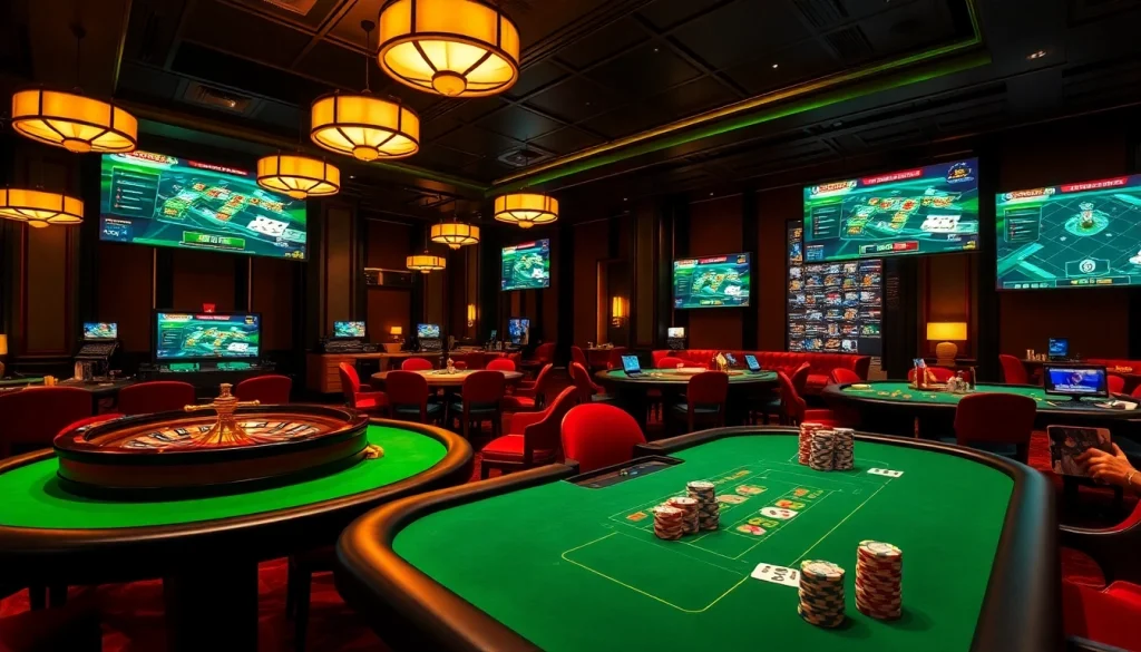 Engaging gamblers at tables and screens showcasing rikvip.gb.net in an upscale casino environment.