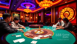 Winning at 68 Game Bài showcases players strategizing at a vibrant casino table.