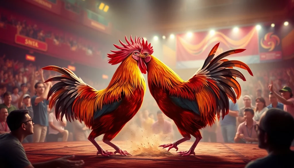 Live cockfighting action at dagawin.live, showcasing intense competition and vibrant atmosphere.