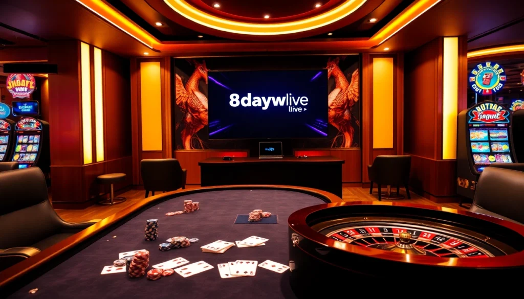 Experience thrilling gameplay at 8daywin.live with poker chips and a live casino setting.
