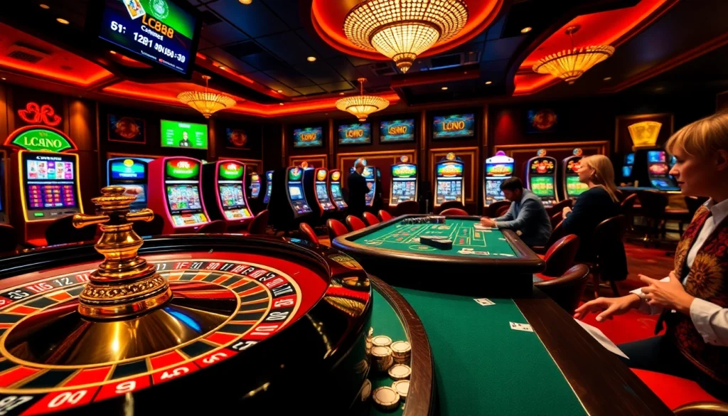 Experience the excitement of lc88 link with players at a casino table and vibrant slot machines.