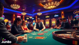 Players enjoying a thrilling Jun88 casino experience at an elegant gaming table.