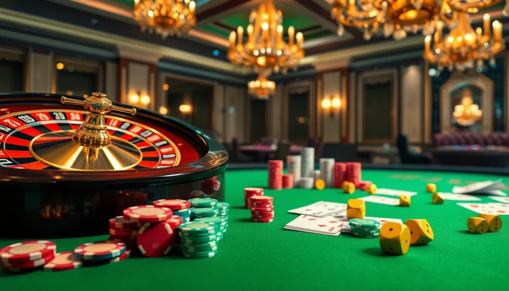 Experience thrilling gameplay with fun79, showcasing vibrant poker chips and a sparkling roulette wheel.